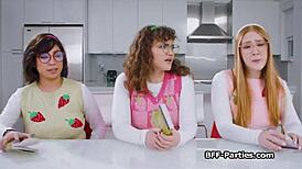 Nerdy girlfriends share cocks in book club foursome at night club