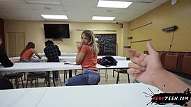 Sneaky Sex During Class With A Hot Blondie In Thong