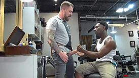 Rocco steele pounds romance bareback in barbershop, muscular bodybuilder bent over for interracial big cock rimjob.