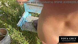 Risky public sex with tall brunette babe in etno village setting