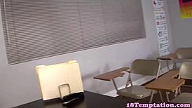 The petite 18-year-old girl sucks and wanks his cock in this taboo roleplay.