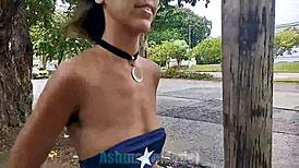 i love showing off my small waist and hairy pits with tits bouncing out in public