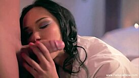 Laying On The Bed Erotic Blowjob And Cumshot Moment