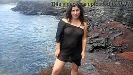 My Seductive Stepmom Lounges on a Bustling Public Beach, Petite and Natural