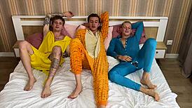 Twink pajama party spirals into wild bareback gay threesome. Passion ignites with no-condom action.