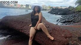 My Seductive Stepmom Lounges on a Bustling Public Beach, Petite and Natural