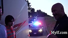 Ladies roughly rip clothes and handle the cop intensely.