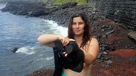 My Seductive Stepmom Lounges on a Bustling Public Beach, Petite and Natural