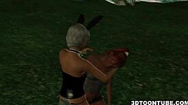 Two bisexual 3D babes lick each other and share a cock?