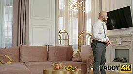 daddy4k setting up young hairless pussy for old man lick