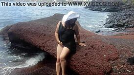 My Seductive Stepmom Lounges on a Bustling Public Beach, Petite and Natural