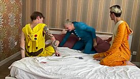 Twink pajama party spirals into wild bareback gay threesome. Passion ignites with no-condom action.