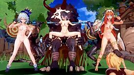 hey guys, check out this wild genshin furina, nilou, and yelan hentai mmd action