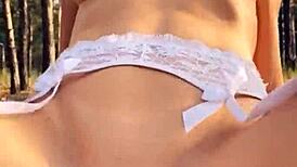 Blonde in fishnets, Mia Bandini, fucked ass to mouth and creampied in woods