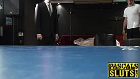 Yo, big-tits Samantha Bentley deepthroats a huge dick like a pro! 😍