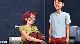 Innocent redhead student Judith explores the bathroom in Summertime Saga