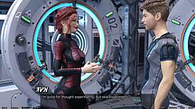 Stranded in space holding hands with asian scientist milf