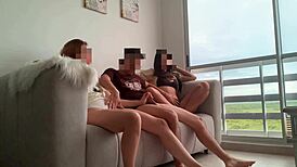 estamos aburridos de tv, so my stepsisters jerk me off for sex