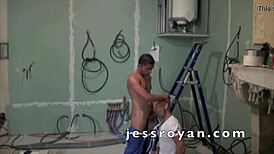 Straight Latino worker feels emotional gay blowjob