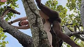 My lover drills my butt on a tall tree branch.