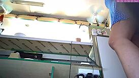 sexy blonde step sister caught on voyeur cam at work. her upskirt flashes are pure gold in part 16.