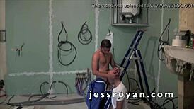 Straight Latino worker feels emotional gay blowjob