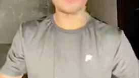 why does this gay guy cum from solo handjob? watch him stroke his cock alone.