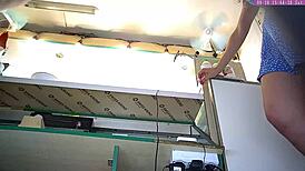 sexy blonde step sister caught on voyeur cam at work. her upskirt flashes are pure gold in part 16.