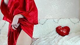 Girl In Sexy Red Robe Stuffs Toy In Ass