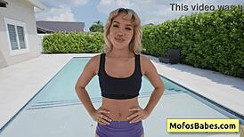 Sexy petite blonde Luna Luxe shows natural tits by pool with JMac