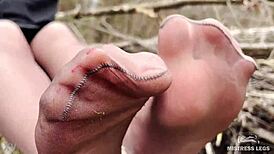 Goddess Teases with Feet in Tan Pantyhose in Spring Forest