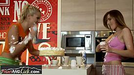 lesbians engage in food play and wrestling before oral