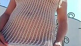 Transparent dress flashing everything without underwear in daring outdoor display