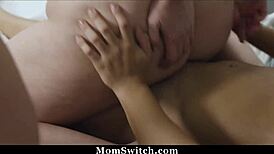 Stepmoms with curvy bodies and big tits show stepsons how to unwind with wild orgy on Momswitch