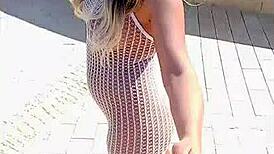 Transparent dress flashing everything without underwear in daring outdoor display