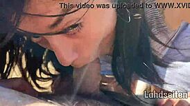 Teen swallows cum outdoors while deepthroating, guess the spot