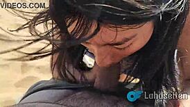 Teen swallows cum outdoors while deepthroating, guess the spot