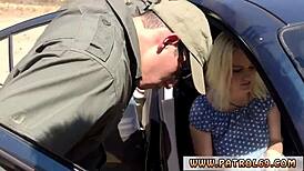 blonde honey in cop uniform does threesome on the rubber hood, getting facial cumshot.