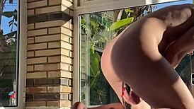 Struggling to Take Huge Black Dildo in Tight Pussy Backstage