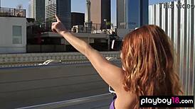 Bombastic Busty Redhead Teen Elizabeth Marxs Strips Naked on Rooftop for All to See.