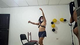 brunette with big natural tits acts sexual and erotic to attract her boyfriend for fucking at home