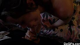 sexy brunette slut undresses and sucks dick with condom on webcam