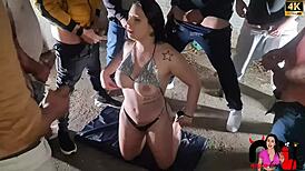 Brunette's Public Blowbang Turns Into A Sticky Face Hydration Session