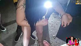 Brunette's Public Blowbang Turns Into A Sticky Face Hydration Session