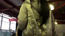 New girl gets it hard on the street in boots and jacket