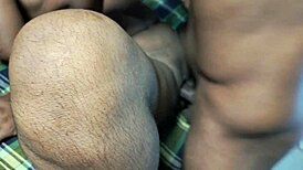 In the hospital, two indian cleaning staff bend over and fuck the nurse in a homemade threesome.