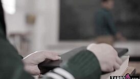 Lily Larimar, petite cheerleader teen, complimented by older teacher Ryan Driller in blowjob and fucking scene.