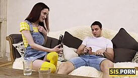 Dirty babe hooks rich stepbrother into nailing her shaved pussy