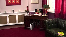 Busty Boss Lady Gets Intense Help from Sexy Brunette Secretary in Office