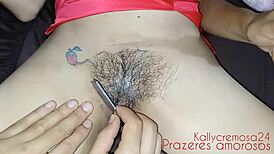 wife’s hairy pussy shaved before cum in tight ass